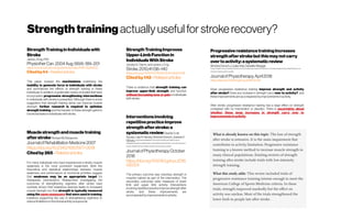 Strengthtraining actually usefulfor strokerecovery?
StrengthTraininginIndividualswith
Stroke
JaniceJ Eng,PhD
Physiother Can.2004Aug;56(4):189–201
https://www.ncbi.nlm.nih.gov/pmc/articles/PMC3524263/
Citedby64 -Relatedarticles
This paper reviews the mechanisms underlying the
inability to generate force in individuals with stroke
and summarizes the effects of strength training in these
individuals. In addition, a systematic review of studies that have
incorporated progressive strengthening interventions
in individuals with stroke is presented. Although there is some
suggestion that strength training alone can improve muscle
strength, further research is required to optimize
strength training and the transfer of these strength gains to
functional tasksin individualswith stroke.
Musclestrengthandmuscletraining
afterstrokeRichard W. Bohannon
JournalofRehabilitationMedicine2007
https://doi.org/10.2340/16501977-0018
Citedby265 -Relatedarticles
For many individuals who have experienced a stroke, muscle
weakness is the most prominent impairment. Both the
theoretical and statistical relationships between muscle
weakness and performance at functional activities suggest
that weakness may be an appropriate target for
therapeutic interventions. Researchers investigating the
outcomes of strengthening regimens after stroke have
routinely shown that resistance exercise leads to increased
muscle strength, but that strength is typically measured
using the same maneuvers that were used in training.
Evidence supporting the use of strengthening regimens to
reducelimitationsinfunctional activityisequivocal.
StrengthTrainingImproves
Upper-LimbFunctionin
IndividualsWithStroke
JocelynE. Harris and JaniceJ. Eng
Stroke.2010;41:136–140
https://doi.org/10.1161/STROKEAHA.109.567438
Citedby142 -Relatedarticles
There is evidence that strength training can
improve upper-limb strength and function
without increasing tone or pain in individuals
with stroke.
Interventionsinvolving
repetitivepracticeimprove
strengthafterstroke:a
systematicreviewDavideGde
Sousa, Lisa A Harvey,SimoneDorsch, JoanneV
GlinskyGraythwaiteRehabilitation Centre, RydeHospitalbJohn Walsh Centrefor
Rehabilitation Research,KollingInstitutecSydney MedicalSchoolNorthern, UniversityofSydneyd
Faculty ofHealth Sciences,Australian CatholicUniversity,Sydney,Australia
JournalofPhysiotherapyOctober
2018
https://doi.org/10.1016/j.jphys.2018.
08.004
The primary outcome was voluntary strength in
muscles trained as part of the intervention. The
secondary outcomes were measures of lower
limb and upper limb activity. Interventions
involving repetitivepracticeimprovestrength after
stroke, and these improvements are
accompanied byimprovementsin activity.
Progressiveresistancetrainingincreases
strengthafterstrokebutthismaynotcarry
overtoactivity:asystematicreview
SimoneDorsch,LouiseAda,Daniella Alloggia
Faculty ofHealth Sciences, Australian CatholicUniversity;Physiotherapy Department, Bankstown-LidcombeHospital;Facultyof Health Sciences, The
UniversityofSydney,Sydney,Australia
JournalofPhysiotherapy,April2018
https://doi.org/10.1016/j.jphys.2018.02.012
Does progressive resistance training improve strength and activity
after stroke? Does any increase in strength carry over to activity?, and
theseimprovementsareaccompanied byimprovements inactivity.
After stroke, progressive resistance training has a large effect on strength
compared with no intervention or placebo. There is uncertainty about
whether these large increases in strength carry over to
improvementsin activity.
 