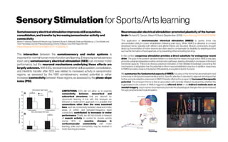 SensoryStimulation forSports/Arts learning
Somatosensoryelectricalstimulationimprovesskillacquisition,
consolidation,andtransferbyincreasingsensorimotoractivityand
connectivity
Menno P.Veldman, Natasha M. Maurits,IngeZijdewind, NicolaA.Maffiuletti,Stella vanMiddelkoop, J. ChrisMizelle,and
TiborHortobágyi Journal of NeurophysiologyVolume120Issue1July2018 Pages281-290
https://doi.org/10.1152/jn.00860.2017 -Citedby3
The interaction between the somatosensory and motor systems is
importantfor normal humanmotor functionandlearning.Enhancing somatosensory
input using somatosensory electrical stimulation (SES) can increase motor
performance, but the neuronal mechanisms underlying these effects are
largely unknown. With EEG, we examined whether skill acquisition, consolidation,
and interlimb transfer after SES was related to increased activity in sensorimotor
regions, as assessed by the N30 somatosensory evoked potential or rather
increased connectivity between these regions, as assessed by the phase slope
index(PSI).
LIMITATIONS: EEG did not allow us to examine
connectivity between neocortical and
subcortical structures that are relevant for
visuomotor learning. In line with this, because we
followed a model-driven approach, it is possible that
connections other than the ones examined
here, such as connectivity between visual and motor
areas, or within- and between-frequency band
connectivity contributed to increases in motor
performance. Finally, we did not include a measure
of muscle activity to control for muscle activity
during SES or examine changes in
corticomuscular connectivity with motor
learning, while such connectivity may be involved in
motor learningprocesses.
Neuromuscularelectricalstimulation promotedplasticityof thehuman‐
brainRichardG. Carson Alison R.Buick(September2019) https://doi.org/10.1113/JP278298
The application of neuromuscular electrical stimulation (NMES) to paretic limbs has
demonstrated utility for motor rehabilitation following brain injury. When NMES is delivered to a mixed
peripheral nerve, typically both efferent and afferent fibres are recruited. Muscle contractions brought
about by the excitation of motor neurons are often used to compensate for disability by assisting actions
such asthe formation of hand aperture, or bypreventingothersincludingfoot drop.
In this context, exogenous stimulation provides a direct substitute for endogenous neural
drive. The goal of the present narrative review is to describe the means through which NMES may also
promote sustained adaptationswithin central motor pathways, leadingultimately toincreases in (intrinsic)
functional capacity. There is an obvious practical motivation, in that detailed knowledge concerning the
mechanisms of adaptation has the potential to inform neurorehabilitation practice. In addition, responses
toNMESprovide ameansofstudyingCNSplasticity at asystems level in humans.
We summarize the fundamental aspectsof NMES, focusing on the forms that are employed most
commonly in clinical and experimental practice. Specific attention is devoted to adjuvant techniques that
further promote adaptive responses toNMESthereby offering the prospect of increased therapeutic
potential. The emergent theme is that an association with centrally initiated neural activity, whether this
is generated in the context of NMES triggered by efferent drive or via indirect methods such as
mental imagery, may in some circumstances promote the physiological changes that can be induced
through peripheral electrical stimulation.
https://doi.org/10.1186/s42234-019-0027-x
 