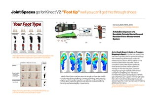 JointSpaces goforKinectV2: ”Foot tip” well youcan’t getthisthroughshoes
https://me.me/i/your-foot-type-under-pronation-neu
tral-mild-severe-supination-pronation-13238362
https://www.justrunlah.com/2015/08/01/do-yo
u-know-whats-your-pronation-type/
Sensors 2019, 19(11),2641; 
https://doi.org/10.3390/s19112641
ArticleDevelopmentof a
BendableOutsoleBiaxialGround
ReactionForceMeasurement
System
 Mostofthedatacoacheswantissimplyonhowthefootis
functioning duringwalking,running,sprinting,andjumping.
Othersport-specificactionscanalsobeevaluated,liking
kickingandlateralagilitymovements.
AnIn-DepthBuyer’sGuidetoPressure
MappinginSport in thelasttwoyears,there
hasbeen agrowingshift in sportstechnology
frommeasuringgeneralbodymotion to
measuringfootaction. Withaquarterof the
boneslocatedbelowtheankle,thefoot
complexisavery difficultjoint systemto
evaluateand an even hardersystemto
manage.In thenextfiveyears,pressure
mapping isgoing toexplode,withseveral
companiesallfightingoverthedatato
monetizethecaptureand analysisofathlete
gait.Ofallthebuyer’s guidesfromSimpliFaster,
thisisthemostdemandingsubjectareayet,
andperhapsthemost importantpartofhelping
athleticperformance.
https://simplifaster.com/articles/depth-buyers-
guide-pressure-mapping-sport/
 