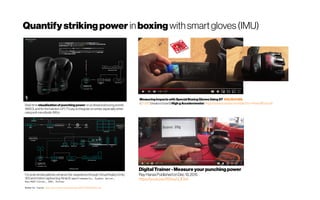 Quantifystrikingpower inboxing with smartgloves(IMU)
Real-time visualization of punching power on professional boxingevents
(WBO), and for the handsin UFC? Easy tointegrate on wrists, especiallywhen
usingsoftmicrofluidic IMUs
For post-stroke patients, enhance the experience through Virtual Reality(Unity
3D) and motion capture(e.g. Kinect). Openframeworks, Syphon Server,
Max/MSP/Jitter, DMX, Enttec
Roberto Fazio https://www.studiorf.io/resources/press/PDF-PYGMACHIA.pdf
Measuring Impactswith Special Boxing GlovesUsing ST H3LIS331DL
(12 USD breakout board)High gAccelerometer https://www.youtube.com/watch?v=HUwURiCmx00
DigitalTrainer -Measure yourpunchingpower
RayHanasPublishedonDec19,2015
https://youtu.be/RShsyG_ICb4
 