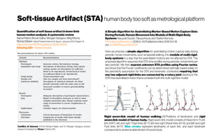 Soft-tissueArtifact(STA) humanbodytoosoftasmetrological platform
Quantificationofsofttissueartifactinlowerlimb
humanmotionanalysis:Asystematicreview
AlanaPeters,Brook Galna,MorganSangeux,MegMorris,
RichardBakerGait& PostureVolume 31, Issue 1, January2010, Pages1-8
https://doi.org/10.1016/j.gaitpost.2009.09.004
Citedby221 -Relatedarticles
Conflict of interest A/Prof Richard Baker and Dr Morgan Sangeux receive
research fundingfrom Vicon (Oxford, UK).
ASimpleAlgorithmforAssimilatingMarker-BasedMotionCaptureData
DuringPeriodicHumanMovementIntoModelsofMulti-Rigid-Body
SystemsYasuyukiSuzuki,TakuyaInoue,andTaishinNomura
FrontBioengBiotechnol.2018;6: 141.Publishedonline2018Oct18. 
doi: 10.3389/fbioe.2018.00141
Here we propose a simple algorithm for assimilating motion capture data during
periodic human movements, such as bipedal walking, into models of multi-rigid-
body systems in a way that the assimilated motions are not affected by STA. The
proposed algorithm assumes that STA time-profiles during periodic movements are
also periodic. We then express unknown STA profiles using Fourier series,
and show that the Fourier coefficients can be determined optimally based solely on
the periodicity assumption for the STA and kinematic constraints requiring that
any two adjacent rigid-links are connected by a rotary joint, leading to the
STA-freeassimilatedmotionthatisconsistentwiththemulti-rigid-link model.
Rigid seven-link model of human walking. (A) Positions of landmarks and rigid
seven-link model of human body. Rigid seven-link model consists of Head-Arm-Trunk
link (HAT), left and right Thigh links (l/r-T), left and right Shank links (l/r-S), and left and right
Foot links (l/r-F). Blue circles represent landmarks of each link, and each landmark
correspondstoanatomicallandmarkofhumanbody
 
