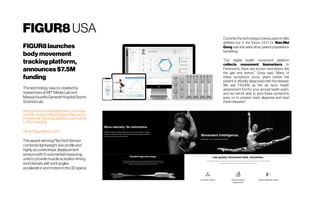 FIGUR8 USA
FIGUR8launches
bodymovement
tracking platform,
announces$7.5M
funding
Thetechnologywasco-createdby
researchersatMITMediaLaband
MassachusettsGeneralHospitalSports
ScienceLab.
https://www.mobihealthnews.com/new
s/north-america/figur8-launches-body-
movement-tracking-platform-announce
s-75m-funding
https://figur8tech.com/
Theaward-winningFlexTechSensor
combineslightweight,low-profileand
highlyaccuratelinear displacement
sensorswith9-axisinertialmeasuring
unitstoprovidemuscleactivationtiming
andintensitywithjointangles,
accelerationandmotioninthe3Dspace.
Currently the technology is being used on elite
athletes but in the future, CEO Dr. Nan-Wei
Gong said she sees other patient populations
benefiting. 
“Our digital health movement platform
collects movement biomarkers. In
Parkinson’s, there are known biomarkers like
the gait and tremor,” Gong said. “Many of
these symptoms occur years before the
patient is officially diagnosed with the disease.
We see FIGUR8 as the de facto health
assessment tool for your annual health exam,
and we will be able to spot these symptoms
early on to prevent, early diagnose and treat
thesediseases.”
 