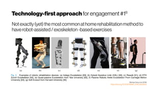 Technology-firstapproach forengagement#1B
Notexactly (yet) themostcommon athomerehabilitationmethodto
haverobot-assisted/ exoskeleton -basedexercises
WenhaoDeng et al. (2018)
https://doi.org/10.1109/RBME.2018.2830805
 