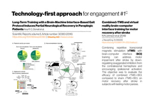 Technology-firstapproach forengagement#1C
Long-TermTrainingwithaBrain-MachineInterface-BasedGait
ProtocolInducesPartialNeurological Recoveryin Paraplegic
Patients AnaR.C.Donati etal.
Neurorehabilitation Laboratory,Associação AlbertoSantosDumont paraApoioà Pesquisa(AASDAP),Sâo Paulo,BrazilEdmondandLily SafraInternational InstituteofNeuroscience,SantosDumont Institute,Macaiba,Brazil /DukeUniversity
ScientificReportsvolume6,Articlenumber:30383(2016)
https://doi.org/10.1038/srep30383 | Cited by140 -Relatedarticles
CombinedrTMSandvirtual
reality brain–computer
interfacetrainingformotor
recovery afterstroke
NN Johnsonetal.(2018)
Department ofBiomedicalEngineering,UniversityofMinnesota
J.NeuralEng.15016009
https://doi.org/10.1088/1741-2552/aa8ce3
Combining repetitive transcranial
magnetic stimulation (rTMS) with
brain–computer interface (BCI)
training can address motor
impairment after stroke by down-
regulating exaggerated inhibition from
the contralesional hemisphere and
encouraging ipsilesional activation.
The objective was to evaluate the
efficacy of combined rTMS  +  BCI,
compared to sham rTMS  +  BCI, on
motor recovery after stroke in
subjectswithlastingmotorparesis.
 