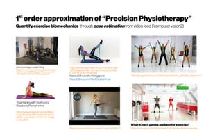 YogatrainingwithYogAIanda
RaspberryPismartmirror
https://www.raspberrypi.org/blog/
yoga-training-with-yogai-and-a-ra
spberry-pi-smart-mirror-the-magp
i-issue-80/
1st
orderapproximationof“PrecisionPhysiotherapy”
Quantifyexercise biomechanics throughposeestimation from videofeed (“computer vision2)
http://openaccess.thecvf.com/content_cvpr
_2018/papers/Nie_Human_Pose_Estimatio
n_CVPR_2018_paper.pdf
NationalUniversityofSingapore
https://github.com/NieXC/pytorch-pil
https://www.youtube.com/watch?v=prhGv1Ws2JY
http://groups.inf.ed.ac.uk/calvin/synchronic_activities_stickmen/
WhatKinect gamesare best forexercise?
https://www.quora.com/What-Kinect-games-are-best-for-exercise
 