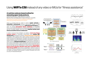 UsingWiFI’sCSI insteadof any videoor IMUsfor“fitnessassistance”
Areal-timewebcam-basedmethod for
assessingupper-bodypostures
ZeweiDing,WanqingLi,PhilipOgunbona,LingQin
MachineVisionandApplications Volume30,Issue5,July2019:
SpecialIssueonHumanAbnormalBehaviouralAnalysis
https://doi.org/10.1007/s00138-019-01033-9
There is a growing trend for people to perform regular workouts in
home/office environments because work-at-home people or office
workers can barely squeeze in time to go to dedicated exercise places (e.g.,
gym). To provide personalized fitness assistance in home/office
environments, traditional solutions, e.g., hiring personal coaches incur extra cost
and are not always available, while new trends requiring wearing smart
devicesaroundtheclockarecumbersome.
In order to overcome these limitations, we develop a device-free fitness
assistant system in home/office environments using existing WiFi
infrastructure. Specifically, we examine channelstateinformation(CSI)
embedded in WiFi readings which capture workout dynamics of both free
weight and body stretching exercises. Our system aims to provide personalized
fitness assistance by differentiating individuals, automatically recording fine-
grained workout statistics, and assessing workout dynamics. In particular, our
system performs individual identification via deep learning techniques on
top of workout interpretation. It further assesses the workout by analyzing both
short and long-term workout quality, and provides workout reviews for users to
improve their daily exercises. Additionally, our system adopts a spectrogram-
based workout detection algorithm along with a Cumulative Short
Time Energy (CSTE)-based workout segmentation method to ensure its
robustness. Extensive experiments involving 20 participants demonstrate that
our system can achieve a 93% accuracy on workout recognition and a 97%
accuracyforindividualidentification.
 