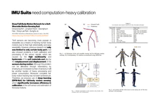 IMUSuits needcomputation-heavycalibration
DeepFull-BodyMotionNetworkforaSoft
WearableMotionSensingSuit
Dooyoung Kim ;JunghanKwon ; Seunghyun
Han ; Yong-LaePark ; SunghoJo
IEEE/ASME Transactions on Mechatronics (Volume:24 , Issue:1, Feb. 2019 )
https://doi.org/10.1109/TMECH.2018.2874647
“Soft sensors are becoming more popular in
wearables as a means of tracking human body
motions due to their high stretchability and easy
wearability. However, previous research not only
was limited to only certain body parts, but
also showed problems in both calibration and
processing of the sensor signals, which are
caused by the high nonlinearity and
hysteresis of the soft materials and also by
the misplacement and displacement of the
sensors during motion. Although thisproblem
can be alleviated through redundancy by
employing an increased number of sensors, it will
lay another burden of heavy processing and
power consumption. Moreover, complete full-
body motion tracking has not been achieved yet.
Therefore, we propose use of deep learning
(DFM-Net) for full-body motion sensing,
which significantly increases efficiency in
calibration of the soft sensor and estimation of
thebodymotions.
 