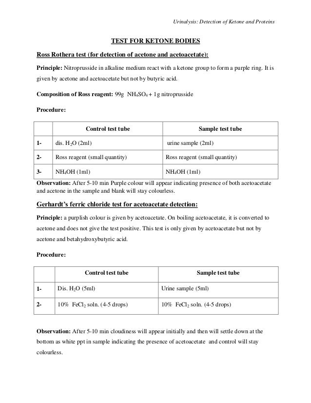 Physio practical detection of ketone and proteins in urine