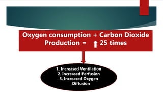 Oxygen consumption + Carbon Dioxide
Production = 25 times
1. Increased Ventilation
2. Increased Perfusion
3. Increased Oxygen
Diffusion
 