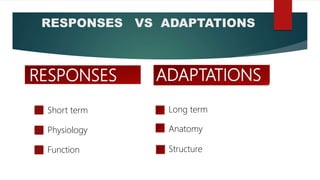 RESPONSES VS ADAPTATIONS
RESPONSES
Short term
Physiology
Function
ADAPTATIONS
Long term
Anatomy
Structure
 