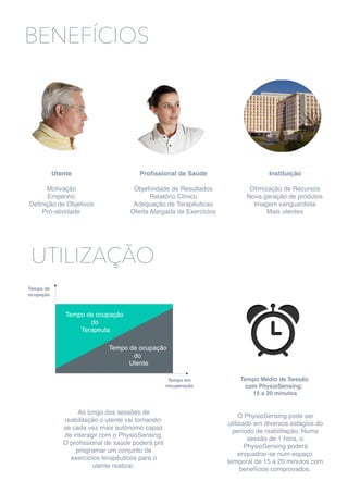 BENEFÍCIOS
Utente
Motivação
Empenho
Deﬁnição de Objetivos
Pró-atividade
Proﬁssional de Saúde
Objetividade de Resultados
Relatório Clínico
Adequação de Terapêuticas
Oferta Alargada de Exercícios
Instituição
Otimização de Recursos
Nova geração de produtos
Imagem vanguardista
Mais utentes
UTILIZAÇÃO
Tempo de ocupação
do
Terapeuta
Tempo de ocupação
do
Utente
Tempo em
recuperação
Tempo de
ocupação
Ao longo das sessões de
reabilitação o utente vai tornando-
se cada vez mais autónomo capaz
de interagir com o PhysioSensing.
O proﬁssional de saúde poderá pré
programar um conjunto de
exercícios terapêuticos para o
utente realizar.
O PhysioSensing pode ser
utilizado em diversos estágios do
período de reabilitação. Numa
sessão de 1 hora, o
PhysioSensing poderá
enquadrar-se num espaço
temporal de 15 a 20 minutos com
benefícios comprovados.
Tempo Médio de Sessão
com PhysioSensing:
15 a 20 minutos
 