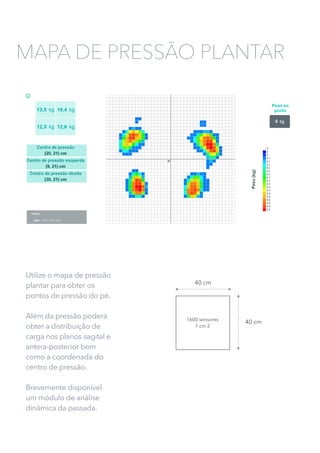 Utilize o mapa de pressão
plantar para obter os
pontos de pressão do pé.
Além da pressão poderá
obter a distribuição de
carga nos planos sagital e
antera-posterior bem
como a coordenada do
centro de pressão.
Brevemente disponível
um módulo de análise
dinâmica da passada.
MAPA DE PRESSÃO PLANTAR
40 cm
40 cm1600 sensores
1 cm 2
 