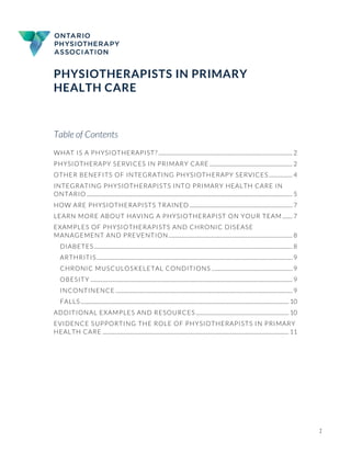 1
PHYSIOTHERAPISTS IN PRIMARY
HEALTH CARE
Table of Contents
WHAT IS A PHYSIOTHERAPIST? ............................................................................................................ 2
PHYSIOTHERAPY SERVICES IN PRIMARY CARE ................................................................... 2
OTHER BENEFITS OF INTEGRATING PHYSIOTHERAPY SERVICES ................... 4
INTEGRATING PHYSIOTHERAPISTS INTO PRIMARY HEALTH CARE IN
ONTARIO ...................................................................................................................................................................... 5
HOW ARE PHYSIOTHERAPISTS TRAINED ................................................................................... 7
LEARN MORE ABOUT HAVING A PHYSIOTHERAPIST ON YOUR TEAM ........ 7
EXAMPLES OF PHYSIOTHERAPISTS AND CHRONIC DISEASE
MANAGEMENT AND PREVENTION.................................................................................................... 8
DIABETES ................................................................................................................................................................ 8
ARTHRITIS.............................................................................................................................................................. 9
CHRONIC MUSCULOSKELETAL CONDITIONS ................................................................. 9
OBESITY ................................................................................................................................................................... 9
INCONTINENCE ............................................................................................................................................... 9
FALLS........................................................................................................................................................................ 10
ADDITIONAL EXAMPLES AND RESOURCES ........................................................................... 10
EVIDENCE SUPPORTING THE ROLE OF PHYSIOTHERAPISTS IN PRIMARY
HEALTH CARE ...................................................................................................................................................... 11
 