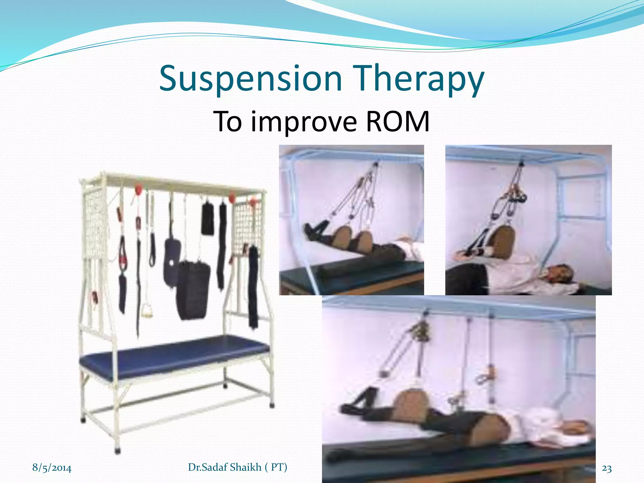 Suspension Therapy
To improve ROM
8/5/2014 23Dr.Sadaf Shaikh ( PT)
 
