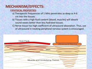 MECHANISM/EFFECTS: 
1)PHYSICAL PROPERTIES: 
a) Therapeutic frequencies of 1 MHz penetrates as deep as 4-6 
cm into the tissues. 
b) Tissues with a high fluid content (blood, muscles) will absorb 
sound waves better than less hydrated tissues. 
C) Nerve tissue has high coefficient of ultrasound absorption. Thus, use 
of ultrasound in treating peripheral nervous system is encouraged. 
 