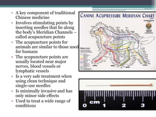 • A key component of traditional
Chinese medicine
• Involves stimulating points by
inserting needles that lie along
the body’s Meridian Channels –
called acupuncture points
• The acupuncture points for
animals are similar to those used
for humans
• The acupuncture points are
usually located near major
nerves, blood vessels or
lymphatic vessels
• Is a very safe treatment when
using clean technique and
single-use needles
• Is minimally invasive and has
only minor side effects
• Used to treat a wide range of
conditions
 