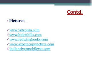 Contd.
• Pictures –
www.vetconm.com
www.hulenhills.com
www.redwingbooks.com
www.azpetacupuncture.com
indianrivermobilevet.com
 