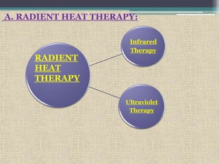 Infrared
Therapy
Ultraviolet
Therapy
RADIENT
HEAT
THERAPY
A. RADIENT HEAT THERAPY:
 