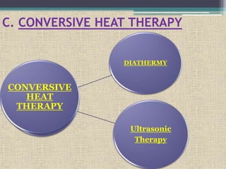 C. CONVERSIVE HEAT THERAPY
DIATHERMY
Ultrasonic
Therapy
CONVERSIVE
HEAT
THERAPY
 