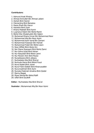 Contributors:
1. Admund Anak Winduy
2. Ahmad Amirullah Bin Ahmad Jailani
3. Aishah Binti Hamid
4. Clementina Binti Banadus
5. Haziq Zhafri Bin Harun
6. Hazwani Binti Zubir
7. Khairul Nabilah Binti Azmir
8. Luqmanul Hakim Bin Mohd Ramli
9. Mohd Irfan Shalahuddin Bin Salem
10. Muhamad Khairul Imran Bin Mohammed Noor
11. Muhammad Afiq Bin Noor Azimi
12. Muhammad Azim Iqmal Bin Zamani
13. Muhammad Fadzwan Bin Hamali
14. Muhammad Fateh Bin Mohd Jasni
15. Noor Affifah Binti Abdul Ani
16. Nor Diana Syazwani Binti Mohd Zamri
17. Nur Irdina Izzati Binti Adnan
18. Nur Rasyidah Binti Mohd Jamri
19. Nur Roraini Airin Binti Rozizi
20. Nurasfawana Binti Jefpary
21. Nurhaidatul Alia Binti Sha’ari
22. Nurhuda Hanis Binti Mohd Fauzi
23. Nurul Aqilah Binti Juhari
24. Nurul Fatini Dalilah Binti Khairussalleh
25. Nurunnadhirah Binti Azmi
26. Nurzatul Sakinah Amalina Binti Zaidel
27. Renny Bagak
28. Riyaz Akmal Bin Mohd Raffi
29. Ulfah Binti Dzulkifli
Editor : Nurhaidatul Alia Binti Sha’ari
Ilustrator : Muhammad Afiq Bin Noor Azimi
 