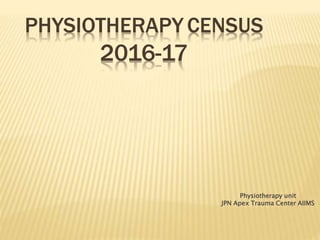 PHYSIOTHERAPY CENSUS
2016-17
Physiotherapy unit
JPN Apex Trauma Center AIIMS
 