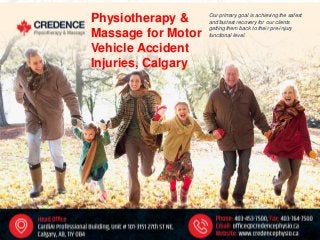 Physiotherapy &
Massage for Motor
Vehicle Accident
Injuries, Calgary
Our primary goal is achieving the safest
and fastest recovery for our clients
getting them back to their pre-injury
functional level.
 