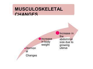 Hormon
al
Changes
Increase
in body
weight
Increase in
the
abdominal
size due to
growing
uterus
MUSCULOSKELETAL
CHANGES
 
