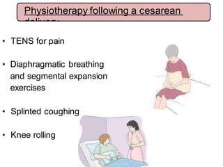 • TENS for pain
• Diaphragmatic breathing
and segmental expansion
exercises
• Splinted coughing
• Knee rolling
Physiotherapy following a cesarean
delivery
 