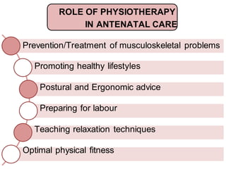 Prevention/Treatment of musculoskeletal problems
Promoting healthy lifestyles
Postural and Ergonomic advice
Preparing for labour
Teaching relaxation techniques
Optimal physical fitness
ROLE OF PHYSIOTHERAPY
IN ANTENATAL CARE
 