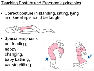 Teaching Posture and Ergonomic principles
• Correct posture in standing, sitting, lying
and kneeling should be taught
• Special emphasis
on: feeding,
nappy
changing,
baby bathing,
carrying/lifting
 
