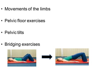 • Movements of the limbs
• Pelvic floor exercises
• Pelvic tilts
• Bridging exercises
 