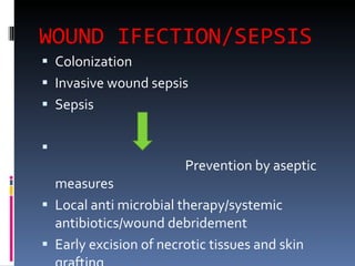 WOUND IFECTION/SEPSIS Colonization Invasive wound sepsis Sepsis  Prevention by aseptic measures Local anti microbial therapy/systemic antibiotics/wound debridement Early excision of necrotic tissues and skin grafting Treat septicemia 