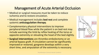 Management of Acute Arterial Occlusion
• Medical or surgical measures must be taken to reduce
ischemia and to restore circulation.
• Medical management includes bed rest and complete
systemic anticoagulation therapy.
• Complementary physical interventions to improve
peripheral blood flow while the patient is on bed rest may
include warming the limb by reflex heating of the torso or
opposite extremity or elevating the head of the bed slightly.
• Surgical interventions are thrombo-embolectomy or an
arterial bypass graft. If circulation cannot be significantly
improved or restored, gangrene develops within a very
short time, and amputation of the extremity is necessary.
Physiotherapy in Common Vascular Conditions
 