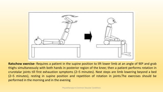Physiotherapy in Common Vascular Conditions
Ratschow exercise- Requires a patient in the supine position to lift lower limb at an angle of 90º and grab
thighs simultaneously with both hands in posterior region of the knee; then a patient performs rotation in
crurotalar joints till first exhaustion symptoms (2–5 minutes). Next steps are limb lowering beyond a bed
(2–5 minutes), resting in supine position and repetition of rotation in joints.The exercises should be
performed in the morning and in the evening
 