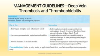 MANAGEMENT GUIDELINES—Deep Vein
Thrombosis and Thrombophlebitis
Physiotherapy in Common Vascular Conditions
 