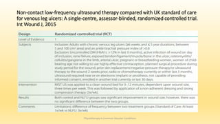 Non-contact low-frequency ultrasound therapy compared with UK standard of care
for venous leg ulcers: A single-centre, assessor-blinded, randomized controlled trial.
Int Wound J, 2015
Physiotherapy in Common Vascular Conditions
 