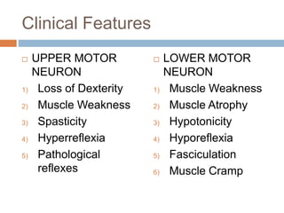 Clinical Features
 UPPER MOTOR
NEURON
1) Loss of Dexterity
2) Muscle Weakness
3) Spasticity
4) Hyperreflexia
5) Pathological
reflexes
 LOWER MOTOR
NEURON
1) Muscle Weakness
2) Muscle Atrophy
3) Hypotonicity
4) Hyporeflexia
5) Fasciculation
6) Muscle Cramp
 