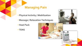 ◂Physical Activity / Mobilization
◂Massage / Relaxation Techniques
◂Heat Pack
◂TENS
Managing Pain
 