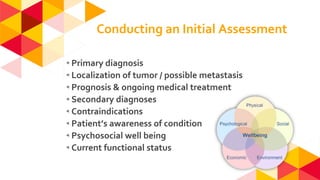Conducting an Initial Assessment
◂Primary diagnosis
◂Localization of tumor / possible metastasis
◂Prognosis & ongoing medical treatment
◂Secondary diagnoses
◂Contraindications
◂Patient’s awareness of condition
◂Psychosocial well being
◂Current functional status
 