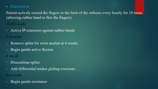  Exercises :-
Patient actively extend the fingers to the limit of the orthosis every hourly for 10 times
(allowing rubber band to flex the fingers).
0‐4/6 weeks
• Active IP extension against rubber bands
3‐6 weeks
• Remove splint for wrist motion at 4 weeks.
• Begin gentle active flexion
6 weeks
• Discontinue splint.
• Add differential tendon gliding exercises.
6‐8 weeks
• Begin gentle resistance
 