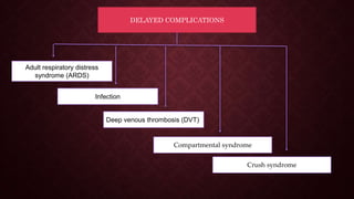 DELAYED COMPLICATIONS
Adult respiratory distress
syndrome (ARDS)
Infection
Deep venous thrombosis (DVT)
Compartmental syndrome
Crush syndrome
 