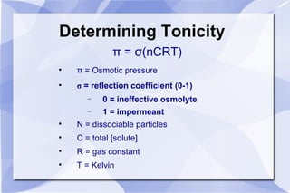 π = σ(nCRT) π =  Osmotic pressure σ  = reflection coefficient (0-1) 0 = ineffective osmolyte 1 = impermeant N = dissociable particles C = total [solute] R = gas constant T = Kelvin Determining Tonicity 
