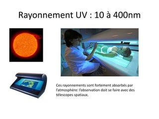 Rayonnement UV : 10 à 400nm
Ces rayonnements sont fortement absorbés par
l’atmosphère: l’observation doit se faire avec des
télescopes spatiaux.
 