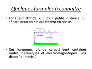 Quelques formules à connaitre
• Longueur d’onde  : plus petite distance qui
sépare deux points qui vibrent en phase.
• Ces longueurs d’onde caractérisent certaines
ondes mécaniques et électromagnétiques (voir
diapo 9) : partie 2.
 