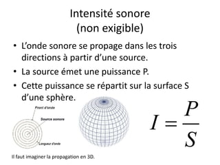 Intensité sonore
(non exigible)
• L’onde sonore se propage dans les trois
directions à partir d’une source.
• La source émet une puissance P.
• Cette puissance se répartit sur la surface S
d’une sphère.
P
I
S

Il faut imaginer la propagation en 3D.
 