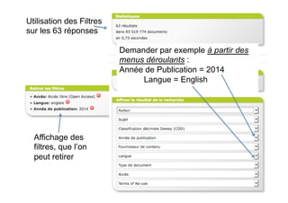 Utilisation des Filtres
sur les 63 réponses
Demander par exemple à partir des
menus déroulants :
Année de Publication = 2014
Langue = English
Affichage des
filtres, que l’on
peut retirer
 