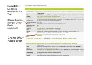 Résultats :
Modalités
d’accès au Full
Text
Champ Source
actif par
Copy/Paste
seulement
Champ URL
Accès direct
 