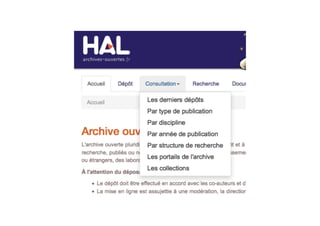 ARXIV
http://arxiv.org/
Type : Réservoir thématique : Physique,
Mathématiques, Informatique, Statistiques appliquées
(à la biologie et aux sciences économiques)
Concepteur : Bibliothèque de l’Université Cornell,
Ithaca (N.Y.)
Particularités : liens vers les bases NASA-ADS et
Citeseer ; absorption de données issues du réservoir
institutionnel français HAL pour les disciplines
concernées
Volume : 1 224 000 références en janvier 2017, date
de départ : 1991
Troncature : automatique et intuitive :
superconductors collectera aussi superconducting
 