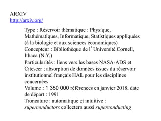 ARXIV
http://arxiv.org/
Type : Réservoir thématique : Physique,
Mathématiques, Informatique, Statistiques appliquées
(à la biologie et aux sciences économiques)
Concepteur : Bibliothèque de l’Université Cornell,
Ithaca (N.Y.)
Particularités : liens vers les bases NASA-ADS et
Citeseer ; absorption de données issues du réservoir
institutionnel français HAL pour les disciplines
concernées
Volume : 1 350 000 références en janvier 2018, date
de départ : 1991
Troncature : automatique et intuitive :
superconductors collectera aussi superconducting
 