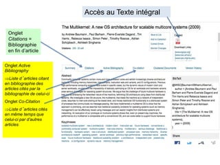 Onglet
Citations =
Bibliographie
en fin d’article
Onglet Active
Bibliography
Liste d’articles citant
en bibliographie des
articles cités par la
bibliographie de celui-ci
Onglet Co-Citation
Liste d’articles cités
en même temps que
celui-ci par d’autres
articles
Accès au Texte intégral
 